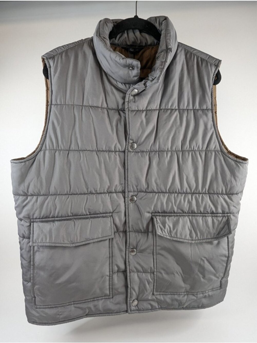 Lands End Mens Large Gray Puffer Vest – Snap & Zip Down Closure Outdoors Warm
